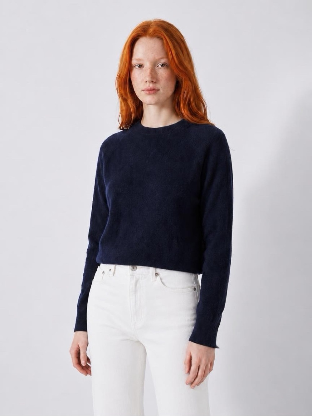 White + Warren 100% Cashmere Crewneck Sweater Navy Neon Pink Trim M